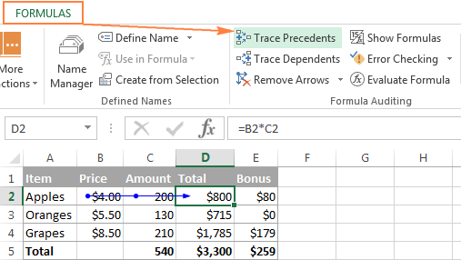  Trace Precedents  – hiển thị ô cung cấp dữ liệu cho công thức trong Excel cho trước