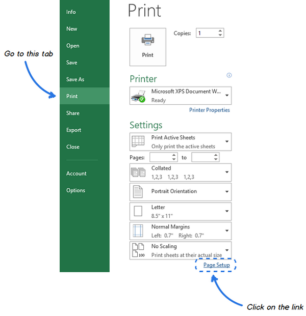 Chỉ định cài đặt tron page setup để đường lưới trong bảng tính Excel