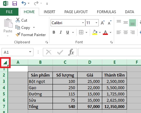 Chọn tất cả dữ liệu - thao tác excel cơ bản Chọn tất cả dữ liệu - thao tác excel cơ bản
