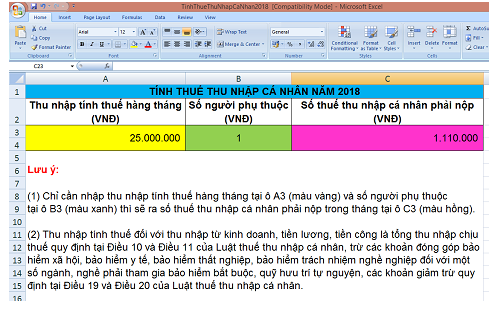 TẢI FILE EXCEL TÍNH THUẾ TNCN 2018- CHI TIẾT